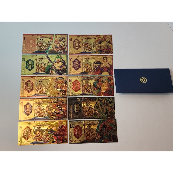 x10 Assorted Anime "One Piece" 999999 24K Gold Foil Banknotes Set