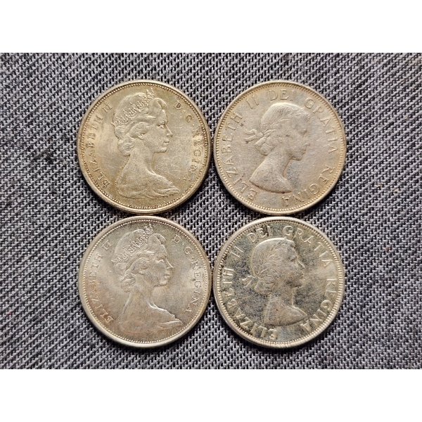 Four Assorted 80% Silver Canadian Half Dollars - ASW: 0.3 Oz Per Coin - About 1.2 Oz ASW Total! 