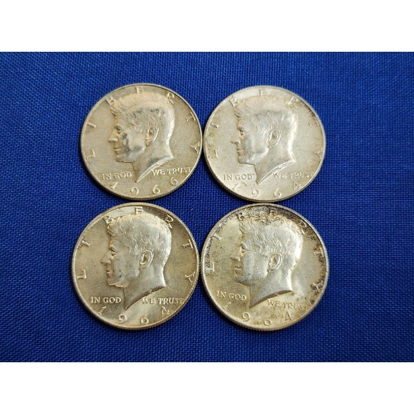 x4 Kennedy Half Dollars: (3) 1964 90% Silver & (1) 1966 40% Silver FV: $2.00