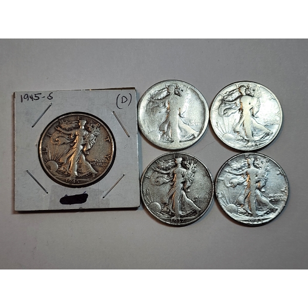 (5) 90% Silver Walking Liberty Half Dollars: 1945-S, (2)1944, 1937, Unknown Year FV: $2.50