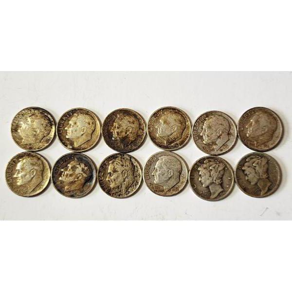 x12 Assorted Years U.S. Roosevelt and Mercury 90% Silver Dimes FV: $1.20