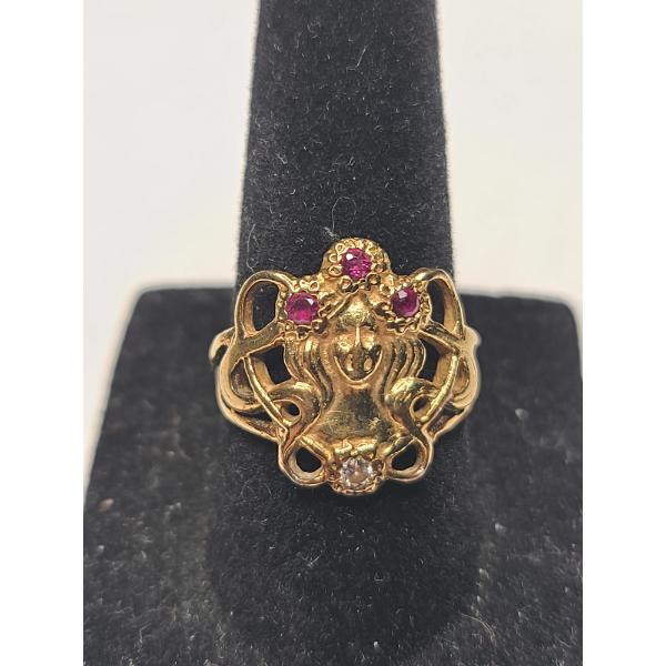 14K Yellow Gold Art Nouveau Goddess Ring With Rubies & Diamond - Size 6 - Weight: 4.7g