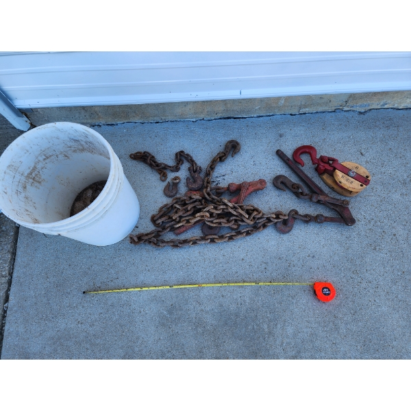 Lot of Chains, Hooks, Hoist, Chain Binders in Bucket