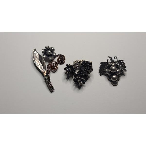 (3) Sterling Silver Brooches With Intricate Detailing Including Taxco Made Sterling- See Description