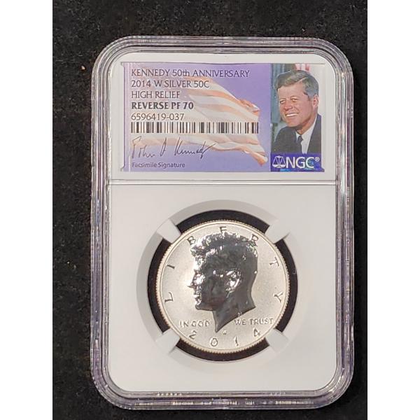 2014-W NGC Reverse PF 70 High Relief Kennedy 50th Anniversary 90% Silver Half Dollar