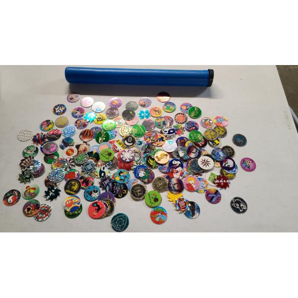 Lot Of Assorted 90's POGS Milk Caps With Tube Holder