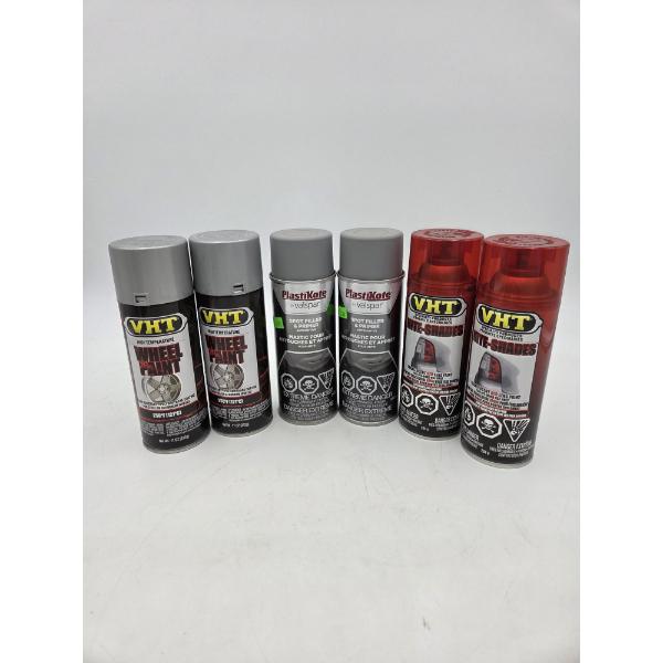 Six Brand New 11oz Spray Cans- 2 High Temp Wheel Paint In Aluminum, 2 Gray Spot Filler, & 2 VHT Red 