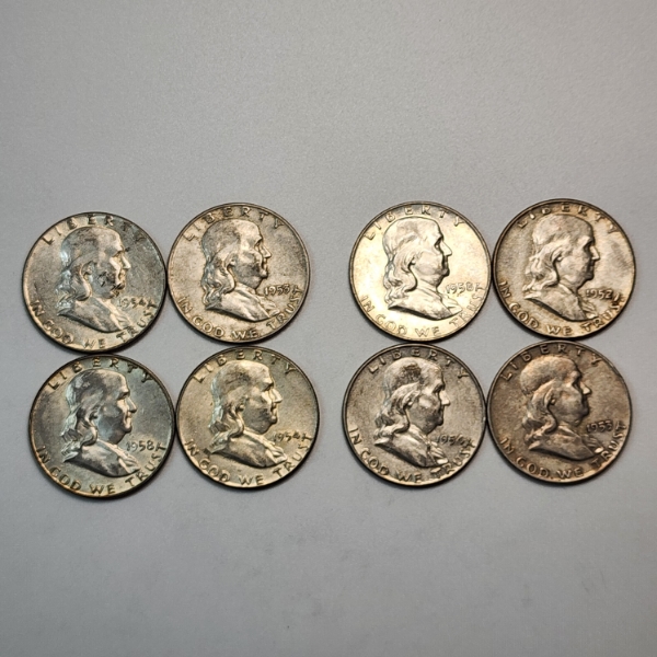 Eight Assorted Years United States 90% Silver Franklin Half Dollars - FV: $4.00
