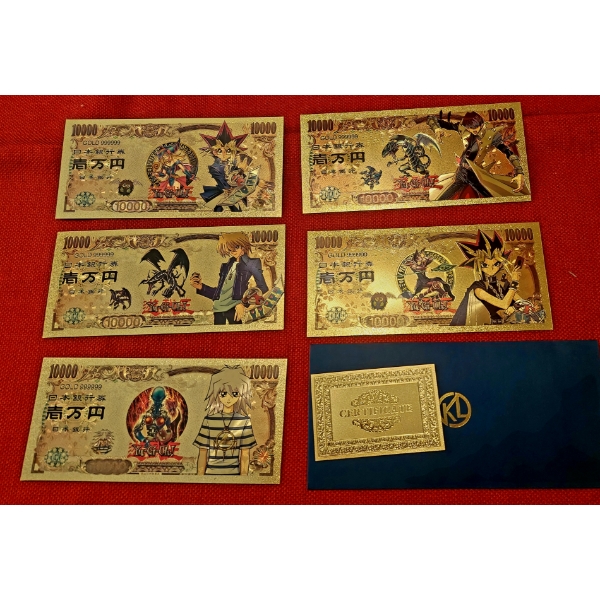 Japanese Anime' - 5 Pc Set of 24k Gold Foil 'YU GI OH' - 10000 Yen Notes (Real Gold Foil)