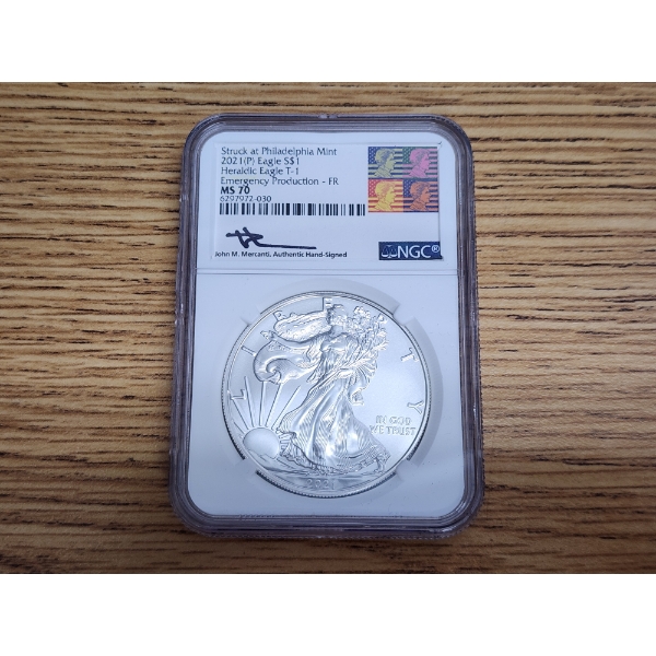 2021(P) NGC MS70 Heraldic Eagle T-1 Emergency Production - Signed - 1 oz .999 Fine Silver 