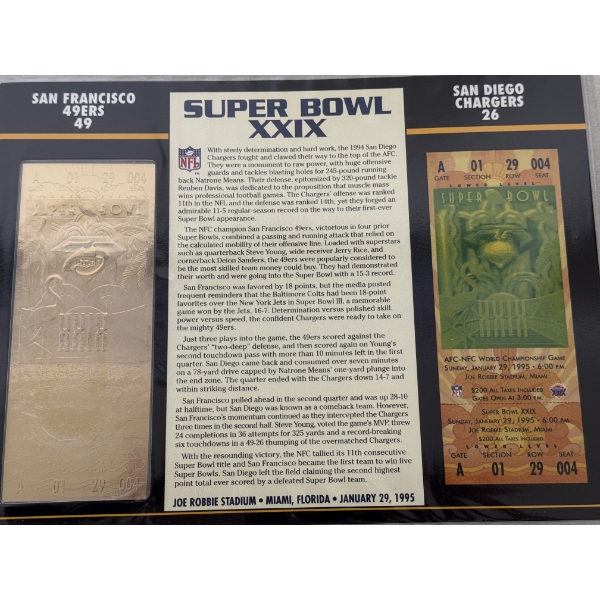 Authentic 1995 Super Bowl XXIX NFL Football Ticket & 24K Gold Plated Ticket - Mint Condition