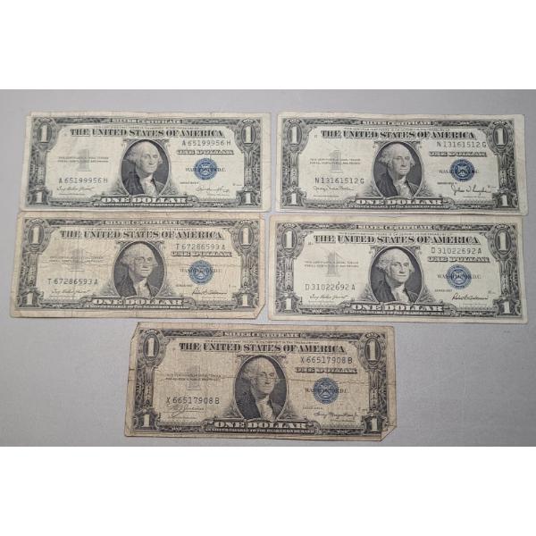 Series 1935 A, 1935 D, 1935 E , 1957 $1 Silver Certificates - Face Value: $5.00