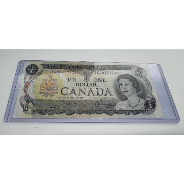1973 Canada Queen Elizabeth One Dollar Bill in Protective Holder- Mint Condition 
