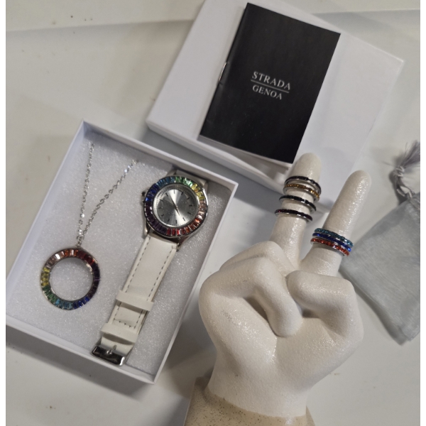 Gorgeous Strada Genoa Set Including Rainbow Colored Stone Watch And 24'' Necklace With Matching Pend