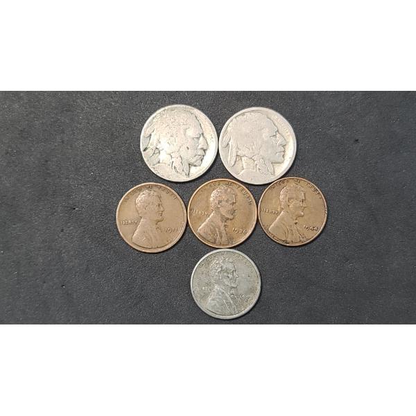 United States Unknown Year Buffalo Nickels & Assorted Lincoln Wheat Cents - $0.14