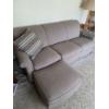 Image 2 : PICKUP IN CANTON - Great Comfortable 6ft 9'' Light Neutral Tan Fabric Sofa And Matching 25''x16'' Ot
