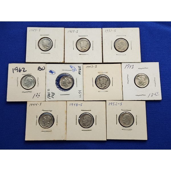 x10 Assorted Years 90% Silver Mercury & Roosevelt Dimes FV: $1.00