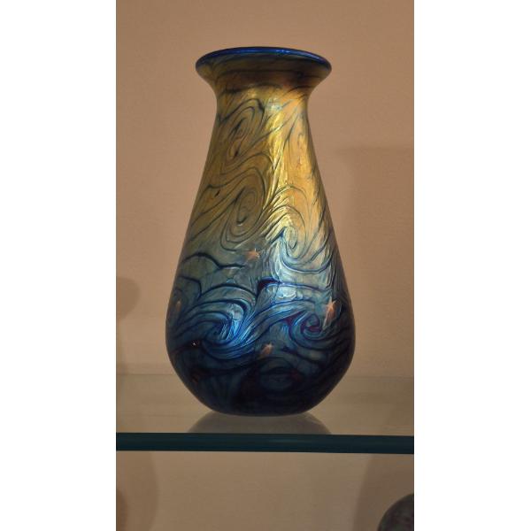 8 " Iridized Colorfull Art Glass Vase  - 5 /5" At Widest Pt.  Ex Condition