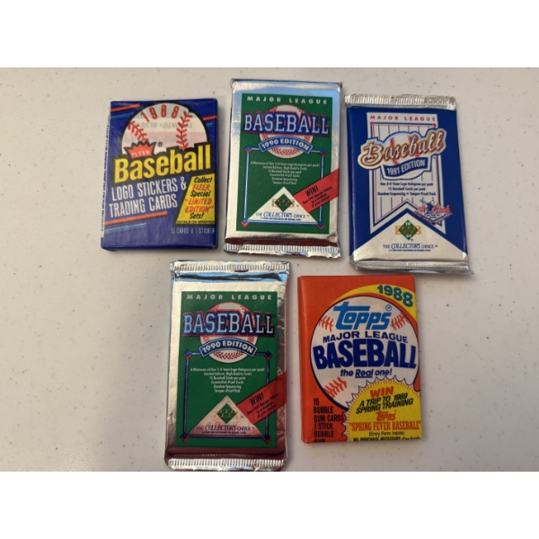 5 - Unopened Wax Packs of Baseball Cards - Never Opened & Mint Condition