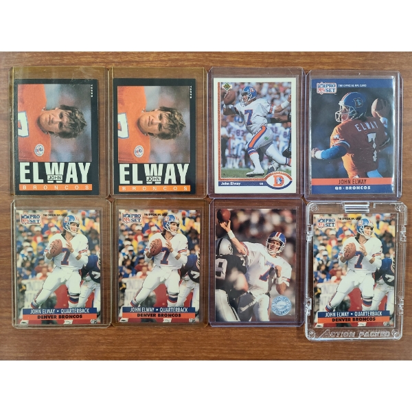 Lot of 8 Assorted John Elway Football Trading Cards - Topps, Upper Deck & NFL Pro Set