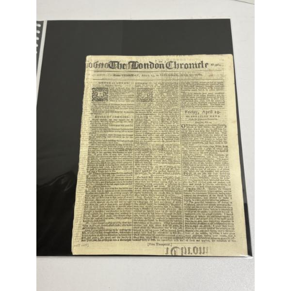The London Chronicle Newspaper Article April 27, 1782 in laminated sleeve