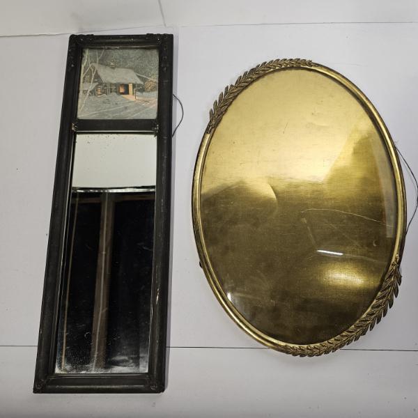 Decorative Items featuring a Vintage Wood-Framed Wall Mirror with Gold-Tone Convex Oval Mirror