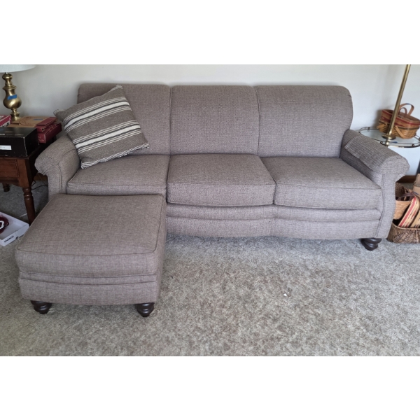 PICKUP IN CANTON - Great Comfortable 6ft 9'' Light Neutral Tan Fabric Sofa And Matching 25''x16'' Ot