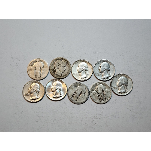 Assorted U.S. Silver Quarters Including 3 Standing Liberty, 1911 Barber, 4 Washington
