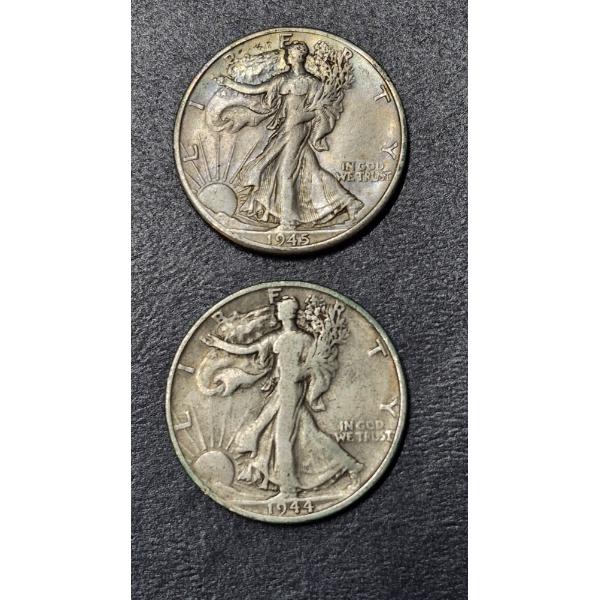 2 Pcs - Walking Liberty 90% Silver Halves - 1945 D - 1944 S -  See Pics for condition