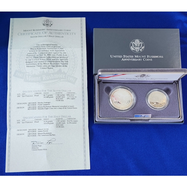 1991 U.S. Mount Rushmore Anniversary Coins Including 90% Silver Dollar