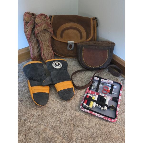 PICKUP IN CANTON - Two Vintage Leather Bags, Sewing Kit, Vintage Childs Steelers Mittens, And Handma