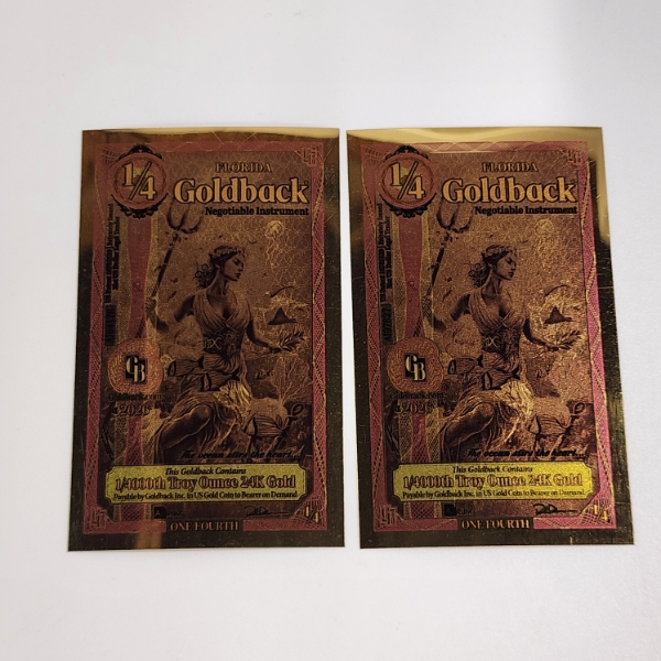 x2 *Alpha Series* Florida 1/4 Goldback Notes 1/4000th Troy Ounce 24K Gold Each