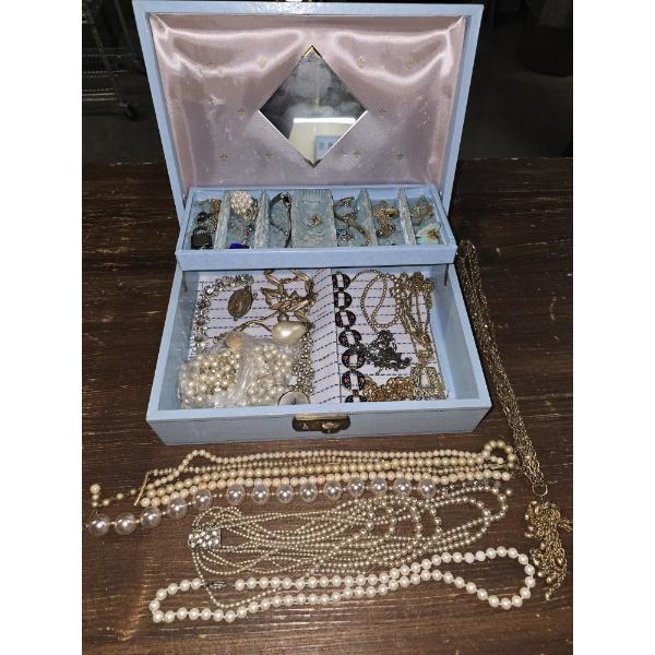 Assorted Costume Jewelry in Vintage Blue Jewelry Box
