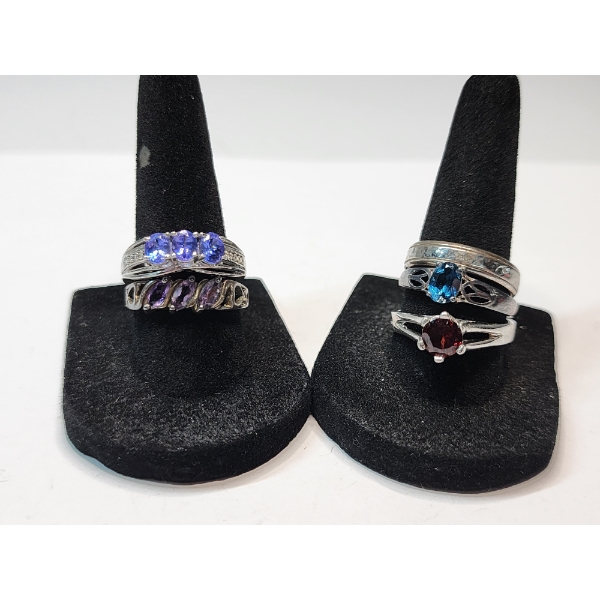 Five Assorted Sterling Silver Rings with Colorful Gemstones - TW: 15.3g