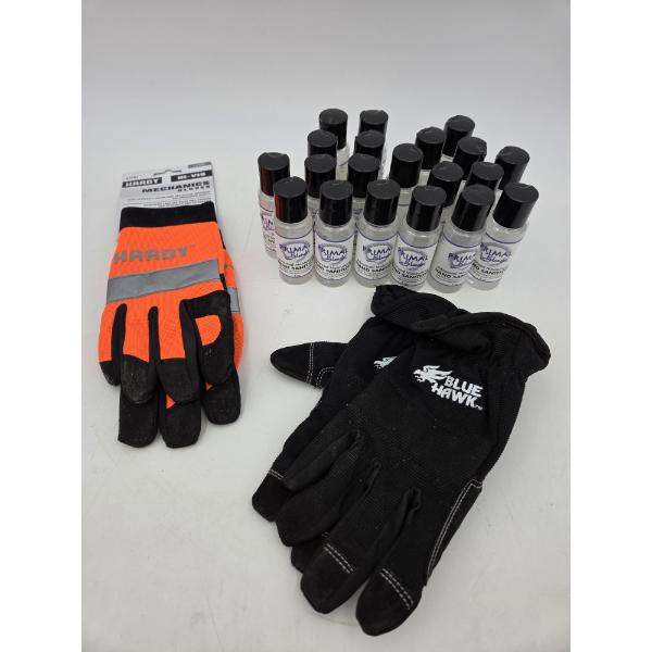 Two New Pair Of Mens Size Large Utility Gloves & Twenty 2oz Primal Blends Hand Sanitizers With Vitam