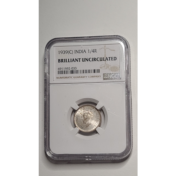 NGC 1939 (C) Brilliant Uncirculated India 1/4 Rupee 50% Silver Coin - ASW: 0.1874oz