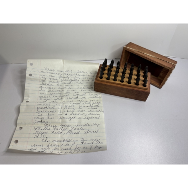 Old Steel alphabet stamp set in its original wooden box with letters & handwritten note for stamping