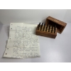 Image 1 : Old Steel alphabet stamp set in its original wooden box with letters & handwritten note for stamping