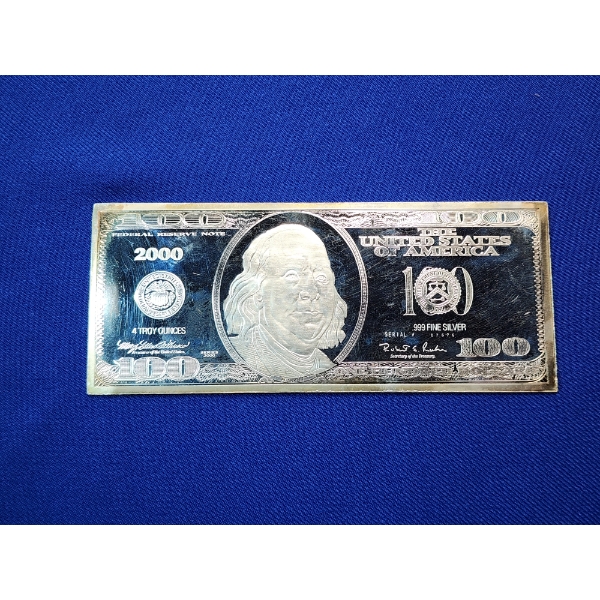2000 $100 Federal Reserve Note Currency 4 Troy oz .999 Fine Silver Art Bar