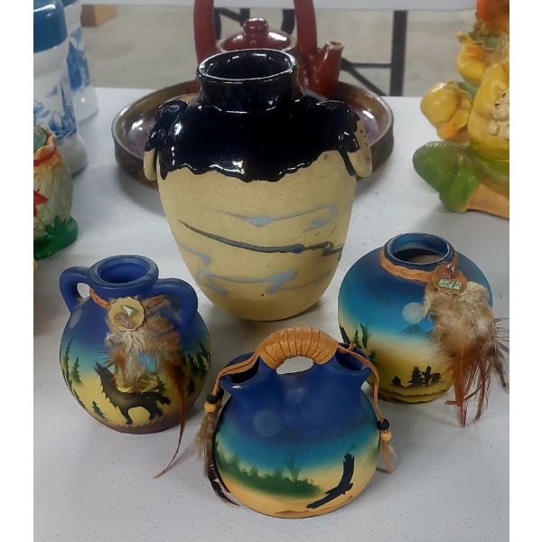4 Pcs Total - 3 Pc Native American Hand Painted 4" Pottery Set & 7" Vase - Mint