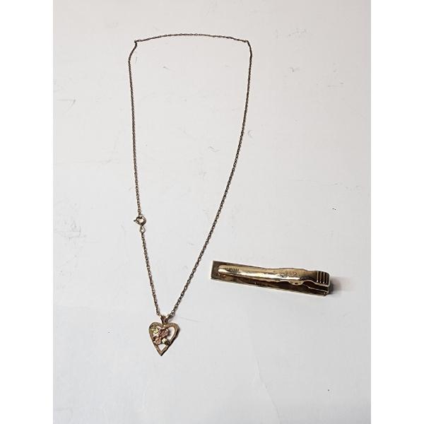 10K Gold Heart Pendant, 12K Gold-Filled Timken Tie Clasp, and Gold-Filled Chain TW: 10.1g