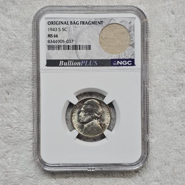 NGC MS66 1943-S Jefferson Silver Wartime Nickel With Original Bag Fragment BullionPLUS Holder
