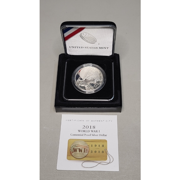 2018-P United States Mint World War I Centennial Commemorative 90% Silver Proof Dollar With COA