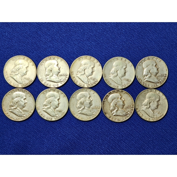 x10 Assorted Years 90% Silver Franklin Half Dollars FV: $5.00
