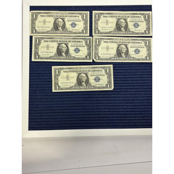 $1 Dollar Silver Certificate Blue Seal One Dollar Notes -All 1957- 5 Total
