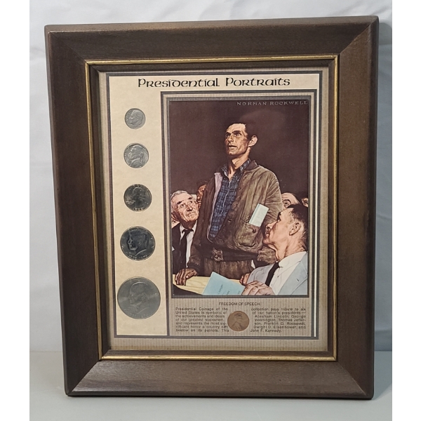 Vintage Norman Rockwell "Presidential Portraits" Framed Coin & Art Display - Face Value: $1.91
