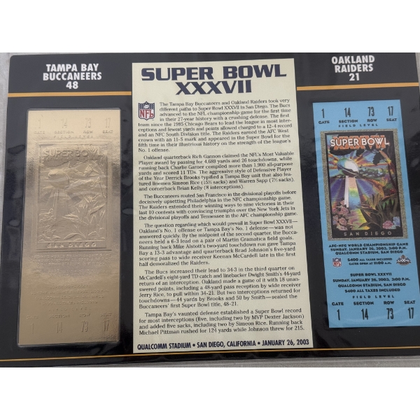 Authentic 2003 Super Bowl XXXVI NFL Football Ticket & 24K Gold Plated Ticket - Mint Condition