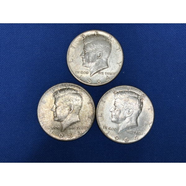 Lot of 3 US 1964 Kennedy Half Dollars -90% Silver
