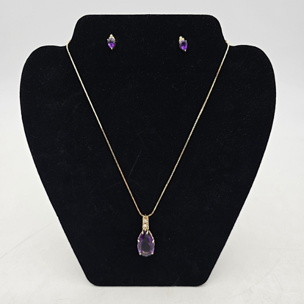 14k Gold Amethyst & Diamond Necklace & Earring Set - Necklace 13.5" Long - 11.1g TW - Mint Cond.