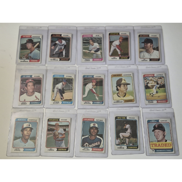MINT 1974 TOPPS BASEBALL CARDS - 15 ASSORTED SLEEVED CARDS IN NEVER TOUCHED FRESH CONDITION 